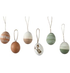 A lovely set of 12 hanging decorations in the shape of a egg in 6 different designs. 