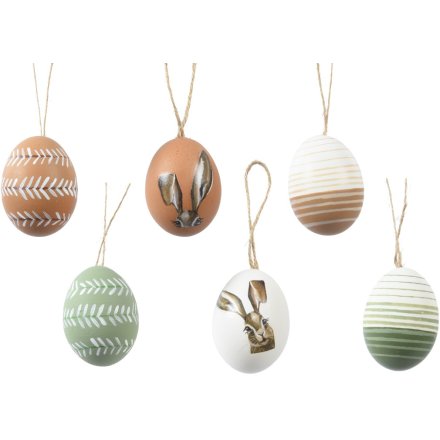 A festive box of 6 Easter decorations in the shape of eggs. Featuring different detailed patterns and images