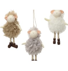 A charming assortment of 3 sherpa dangly sheep decorations. It features a pair of brown booties and rope legs
