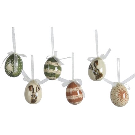 A pack of 6 hanging egg decorations in natural tones with different designs, finished with a simple glaze. 