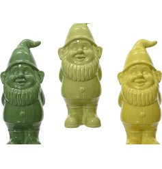 3 assorted garden gnomes in different green hues. 