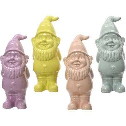 4 assorted garden gnomes in bright pastel colours. A great ornament to add a pop of colour to the garden. 
