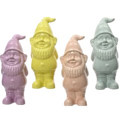 4 assorted garden gnomes in bright pastel colours. A great ornament to add a pop of colour to the garden. 