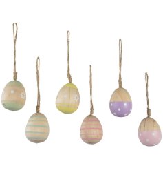 Unique and eye-catching assortment of 6 wooden hanging eggs are perfect for adding a touch of spring to any home