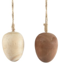 2 assorted egg decorations in natural colours, complete with a jute string hanger.
