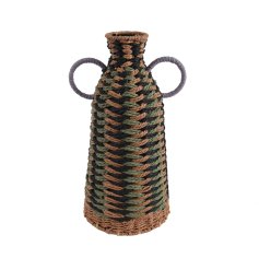 A chic wicker vase with and entwined pattern in green, black and brown colour tones. 