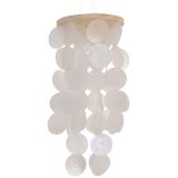 A gorgeous boho decorative hanger made from circular pieces of Capiz, attached together and hung from natural wood. 