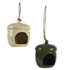 A mix of 2 earth coloured acorn bird houses. Each is richly glazed with a rustic string hanger. 