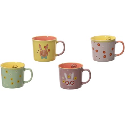 4 colourful assorted spring time mugs with lovely floral images and cute bunny faces.