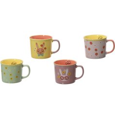 4 colourful assorted spring time mugs with lovely floral images and cute bunny faces.