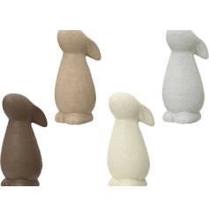 A mix of 4 contemporary bunny ornaments in natural colours. Each has a textured finish, adding character to the item. 