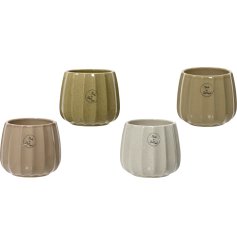 A mix of 4 ribbed planters in earthy tones. Each has a ribbed design and subtle speckled finish. Perfect for house plant