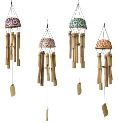 An assortment of 4 natural wooden wind chimes. Each has a floral woven pattern in rich jewel colours