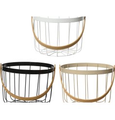 3 assorted wire baskets in black, white and beige with a natural wood handle.