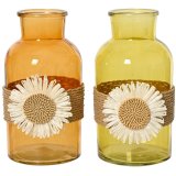 An assortment of 2 vases in orange and yellow with a jute string and 3D daisy detail.