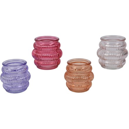 Colourful Ribbed Glass T-Light Holders 4/a