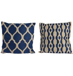 2 luxury assorted cushions in blue and white colour tones. The cushion has a embroidered pattern throughout the design.