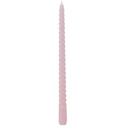 An elegant taper candle in baby pink, with a swirl detail running throughout.