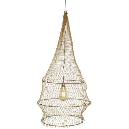 A large outdoor hanging solar light with a pendant style bulb and mesh effect detailing. 