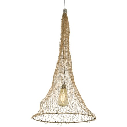 A hanging outdoor solar light with a beige rattan effect drape. 