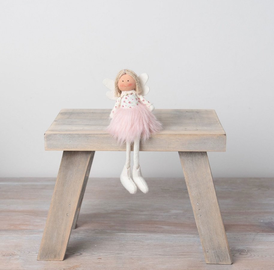 A charming angel decoration. Beautifully crafted with a variety of pink fabrics including faux fur and ditsy floral 