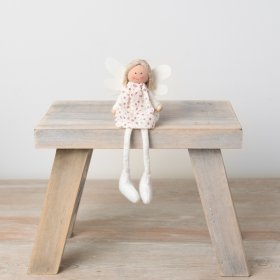 A cute and unique sitting angel decoration. Made with vintage style fabrics, knitted legs and felt wings. 