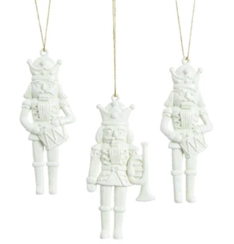 A charming assortment of 3 hanging Christmas decorations in a pure white colour, hung by sparkly gold string. 