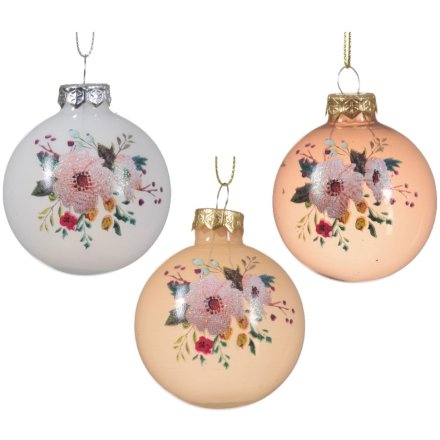 3 assorted glass baubles in multiple colours with floral illustrations. 