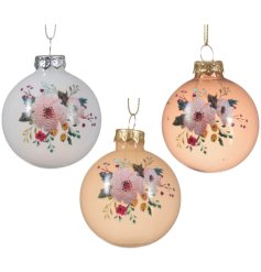 3 assorted glass baubles in multiple colours with floral illustrations. 