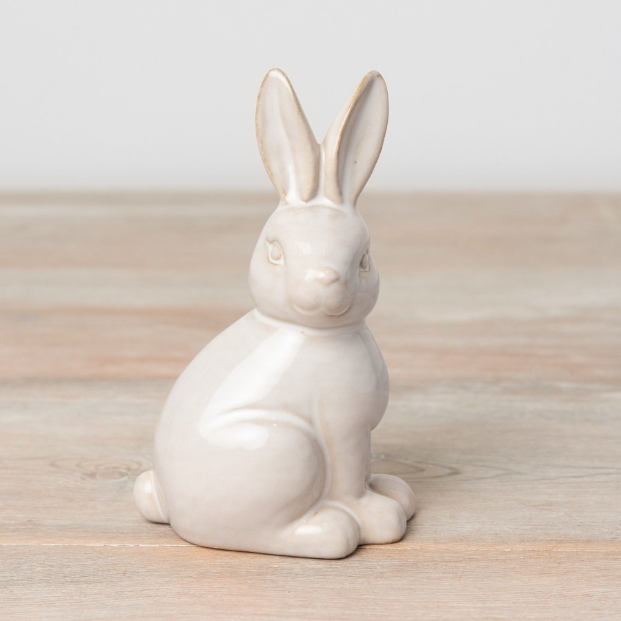 A stylish bunny ornament with a rustic reactive glaze. A stunning natural item with a classic aesthetic.