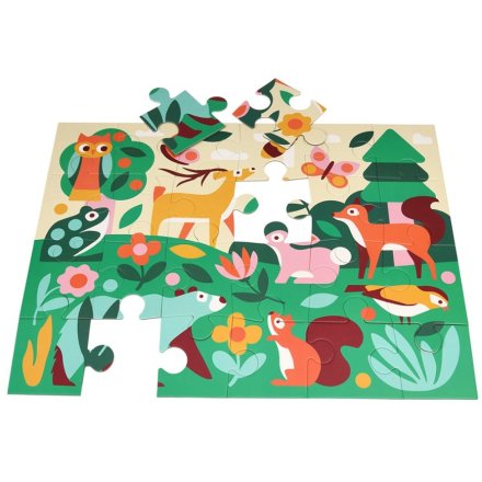 A forest floor puzzle featuring a woodland theme with lots of different animals and greenery. 