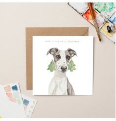 This festive lurcher Christmas greeting card is the perfect way to spread holiday cheer!