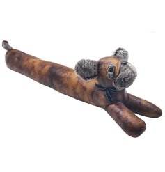 A faux leather draught excluder in a pug design with fur detail.