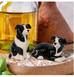 A sweet salt and pepper set in a collie dog design. 