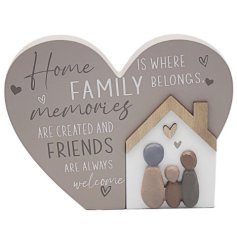 A wooden freestanding plaque featuring a heart shape design with mini people figurines and heart decals. 