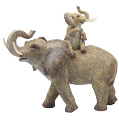 Crafted from high-quality resin, it features a mother elephant and her calf balanced on her back.