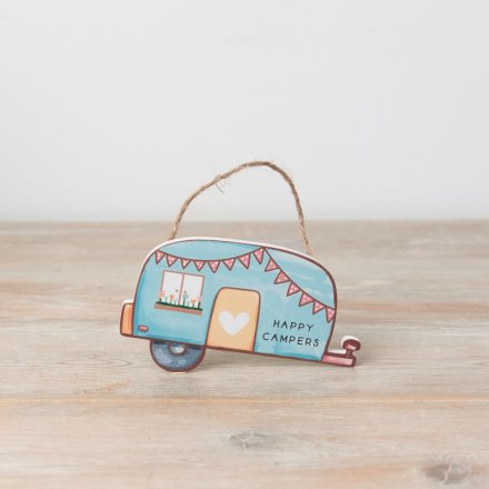 A colourful caravan wooden sign with jute string hanger.
