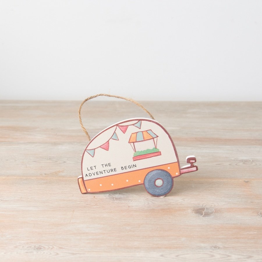 Let the adventure begin. A colourful caravan plaque with a painterly finish and charming details. 