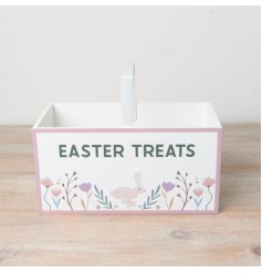 A gorgeous white wooden trug decorated with a stylish Easter Treats design in fresh Spring colours.