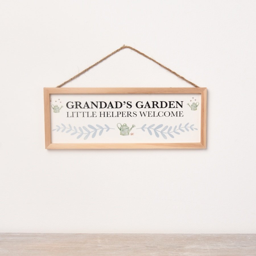 A loving wooden sign featuring a rustic design with the words 'Grandad's Garden, Little Helpers Welcome' 