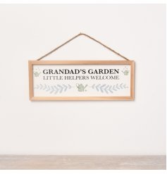 A charming wooden sign measuring 25cm features a rustic design with the words 'Grandad's Garden..."