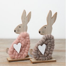 An assortment of two wooden rabbits with a pink and grey woolen body, adorned with delightful heart decals,