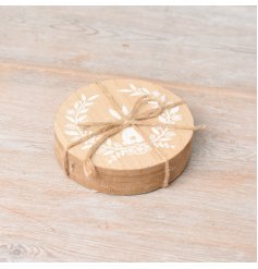 A set of 4 wooden coasters, each with a white floral bunny design printed on top. 