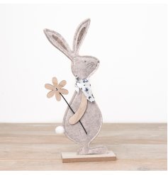 A chic felt bunny decoration. Beautifully detailed with a butterfly fabric bandana and wooden flower. 