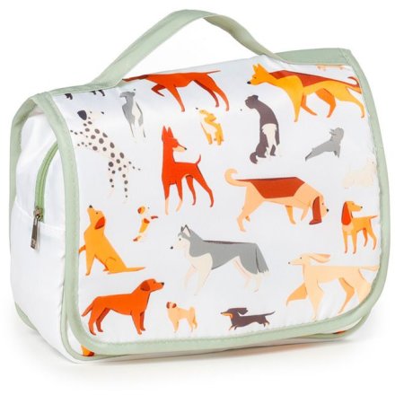 A practical toiletry wash bag illustrated with a variety of dogs, detailing a carry handle and a zip fastening. 