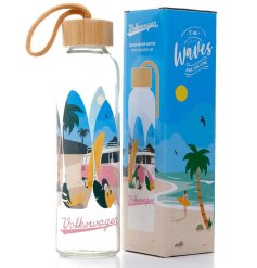 A glass water bottle from the VW Volkswagen range. It details a bamboo screw lid and has a lovely coastal image printed 
