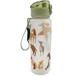 A frosted design pop top water bottle from the Barks range, featuring a green lid with a matching carry strap.