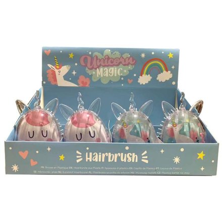 2 assorted child hairbrushes in a unicorn design with glitter. 