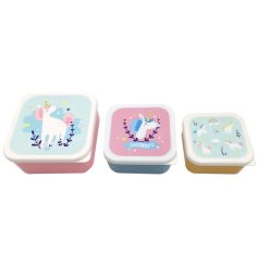 A unicorn inspired set of 3 lunch boxes which all stack inside each other. 