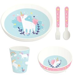 A unicorn inspired 5 piece cutlery set covered in unicorns and stars detail.